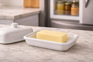Kitchen scene with soft natural side light. Left foreground: a covered white ceramic butter dish on a kitchen counter, lid on. Right side slightly out of focus: a refrigerator door open, showing the butter compartment with a wrapped stick of butter visible