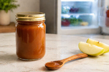 Kitchen counter, warm natural light. Left foreground: a sealed jar of caramel sauce, no readable label, amber sauce visible through glass. background slightly out of focus: open refrigerator door with cool interior light. On the counter: a wooden spoon and two apple slices