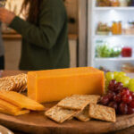 A cheese board scene at a dinner party. A block of cheddar sits on a wooden board with crackers and grapes. A soft-focus refrigerator is visible in the background.