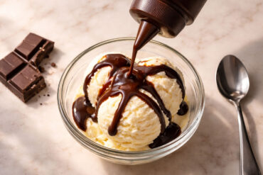 a squeeze bottle of chocolate syrup mid-drizzle over a glass bowl of vanilla ice cream. Left: a small square of dark chocolate broken in two. Right: a clean tablespoon.