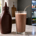a squeeze bottle of chocolate syrup, no readable label visible. Center: a tall glass of cold chocolate milk with a straw. Background slightly out of focus: an open refrigerator door with cool interior light