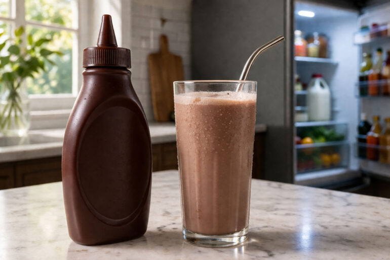 a squeeze bottle of chocolate syrup, no readable label visible. Center: a tall glass of cold chocolate milk with a straw. Background slightly out of focus: an open refrigerator door with cool interior light