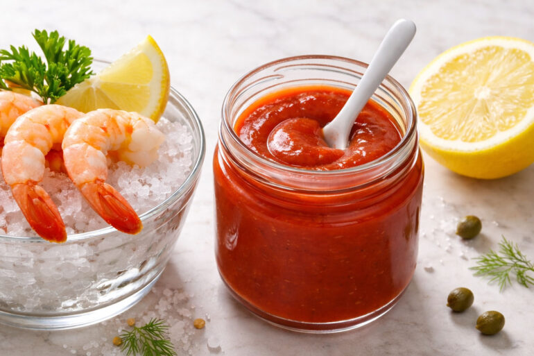 one open glass jar of cocktail sauce, lid off, small ceramic spoon resting inside. Left: three or four large cooked shrimp arranged naturally on a small white plate. Right: a halved lemon showing the flesh. Scattered props directly on the surface: a few small capers, a pinch of coarse salt, a small sprig of fresh dill or parsley. Sauce is bright red and glossy