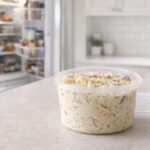 Kitchen counter scene. A container of coleslaw with the lid off sits on the counter in the foreground. An open refrigerator is visible in the soft background