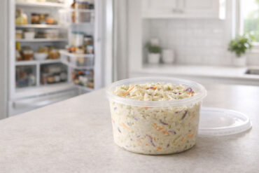 Kitchen counter scene. A container of coleslaw with the lid off sits on the counter in the foreground. An open refrigerator is visible in the soft background