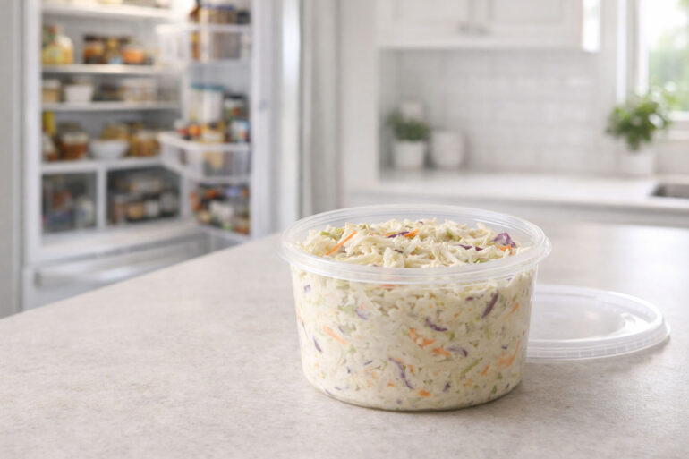 Kitchen counter scene. A container of coleslaw with the lid off sits on the counter in the foreground. An open refrigerator is visible in the soft background