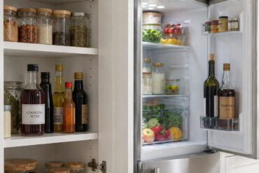 Cooking wine bottle on a pantry shelf at room temperature next to condiments, with an open fridge in the background holding a corked red wine and a bottle of Marsala
