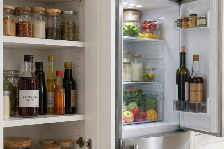 Cooking wine bottle on a pantry shelf at room temperature next to condiments, with an open fridge in the background holding a corked red wine and a bottle of Marsala