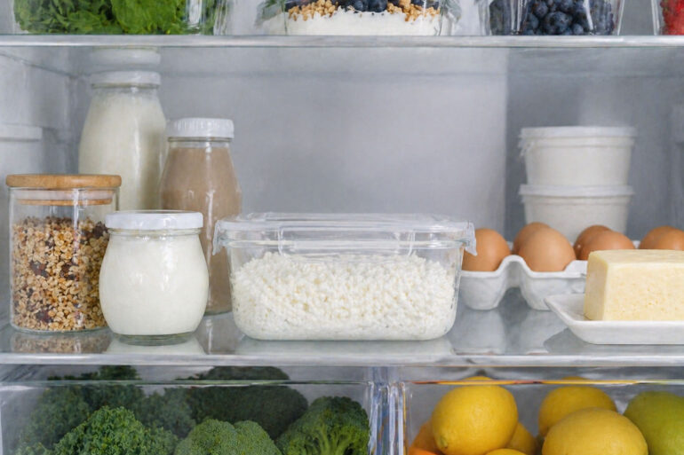 Interior refrigerator shot. A clear sealed container of cottage cheese sits prominently on a back shelf alongside other fresh dairy items. The fridge is clean and well-organized