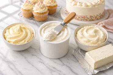 Clean flat lay on a white marble surface. Center: an open can of store-bought frosting with a spatula resting on it. Left: a small bowl of homemade buttercream with a swirl on top. Right: a bowl of cream cheese frosting next to a block of cream cheese