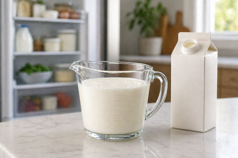 Kitchen scene. A carton of heavy cream sits at the back of a main refrigerator shelf, door slightly open. A second carton is visible on the counter nearby.
