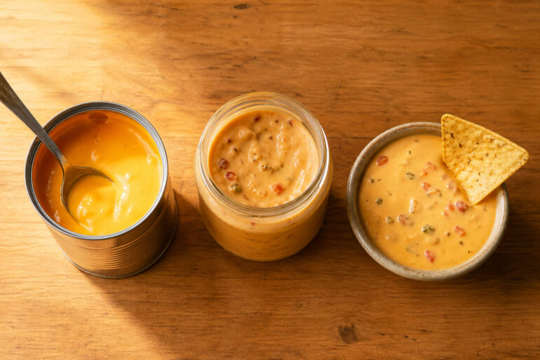 an open can of nacho cheese sauce with a spoon. Center: a jar of Tostitos queso with the lid off. Right: a small bowl of homemade queso with a chip resting on the edge