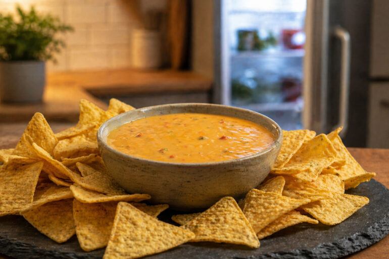 A ceramic bowl of warm nacho cheese sauce surrounded by tortilla chips on a slate serving board. In the soft background, a refrigerator door is slightly ajar.