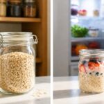 Split scene on a light kitchen counter. Left side: a sealed glass jar of dry rolled oats with a pantry shelf visible behind it. Right side: a small sealed mason jar of overnight oats with visible layers of oats and fruit, refrigerator interior slightly visible