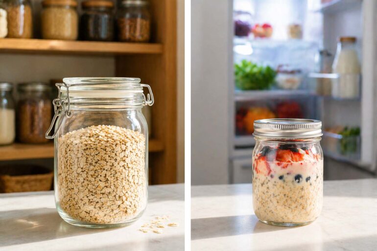 Split scene on a light kitchen counter. Left side: a sealed glass jar of dry rolled oats with a pantry shelf visible behind it. Right side: a small sealed mason jar of overnight oats with visible layers of oats and fruit, refrigerator interior slightly visible