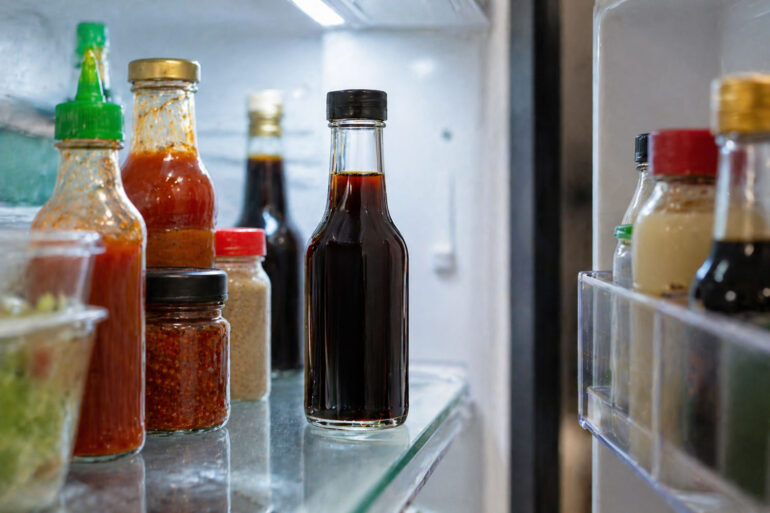 A bottle of ponzu sauce on a refrigerator shelf between other Asian condiment bottles, door slightly open