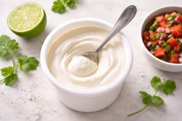 an open white plastic container of sour cream with a clean silver spoon resting inside. Left: a lime cut in half. Right: a small bowl of fresh salsa. Scattered props: a few cilantro leaves and a pinch of coarse salt directly on the surface