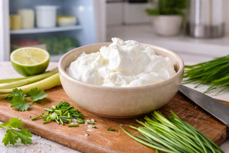 Looking slightly into an open refrigerator. foreground: sour cream and chives with lime on a cutting board. Other dairy items slightly out of focus behind it.
