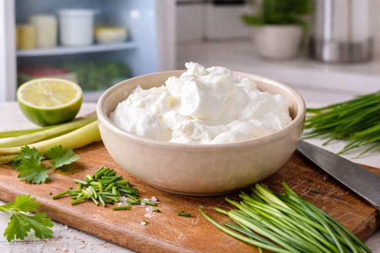 Looking slightly into an open refrigerator. foreground: sour cream and chives with lime on a cutting board. Other dairy items slightly out of focus behind it.
