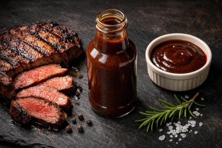 one open bottle of steak sauce, no readable label, deep brown sauce visible. Left: a thick-cut grilled steak, seared and resting, sliced to show the interior. Right: a small ramekin with a pool of steak sauce. Scattered props directly on the surface: a few whole black peppercorns, a sprig of fresh rosemary, coarse sea salt.