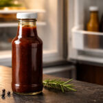 Kitchen counter scene with warm natural light. Left foreground: one sealed bottle of steak sauce, no readable label, dark brown sauce visible through glass. in the background a refrigerator door open, cool interior light visible, condiment shelf with a few other bottles