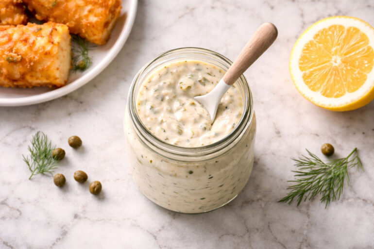 one open glass jar of tartar sauce with a small ceramic spoon resting in it. Left: two or three pieces of golden fried fish on a small white plate. Right: a halved lemon showing the flesh. Scattered props: a few capers and a small sprig of fresh dill directly on the surface