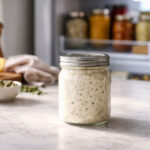 Kitchen counter scene with soft natural side light. Left foreground: A sealed jar of tartar sauce, no readable label. Slightly out of focus on the right: refrigerator door open, cold interior light visible, inside are spice cabinets with other jars.