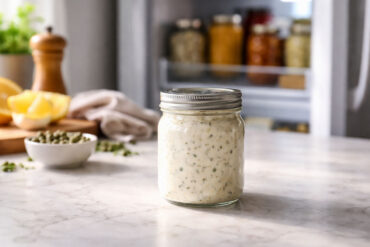 Kitchen counter scene with soft natural side light. Left foreground: one sealed jar of tartar sauce, no readable label. Right side slightly out of focus: a refrigerator door open, cool interior light visible, condiment shelves with other jars inside.