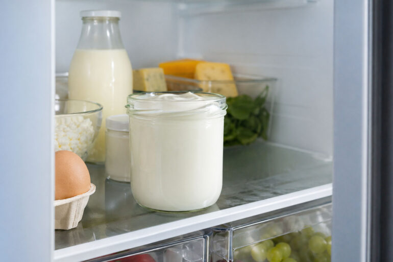 Interior refrigerator shot. A sealed tub of Greek yogurt sits prominently on a back main shelf, not the door. Clean, organized fridge with other dairy items visible.