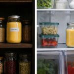 Split kitchen scene. Left side: a sealed glass jar of cornmeal on a dark pantry shelf with a small label visible. Right side: a refrigerator shelf with a second sealed jar of slightly coarser cornmeal. Soft natural light. The fridge door is partially open
