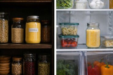 Split kitchen scene. Left side: a sealed glass jar of cornmeal on a dark pantry shelf with a small label visible. Right side: a refrigerator shelf with a second sealed jar of slightly coarser cornmeal. Soft natural light. The fridge door is partially open