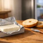 a sealed block of cream cheese in its box, no readable label. Right side slightly out of focus: open refrigerator door with cool interior light, a shelf visible inside. On the counter: a halved bagel and a small spreading knife