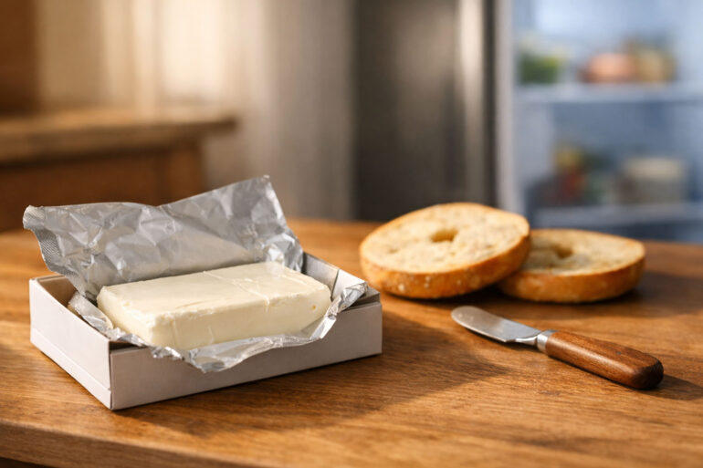 a sealed block of cream cheese in its box, no readable label. Right side slightly out of focus: open refrigerator door with cool interior light, a shelf visible inside. On the counter: a halved bagel and a small spreading knife