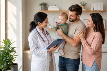 a mom and dad visit the doctor with their baby who is holding a lollypop.