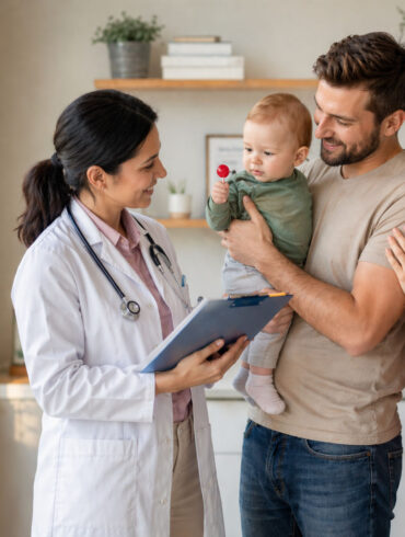 a mom and dad visit the doctor with their baby who is holding a lollypop.