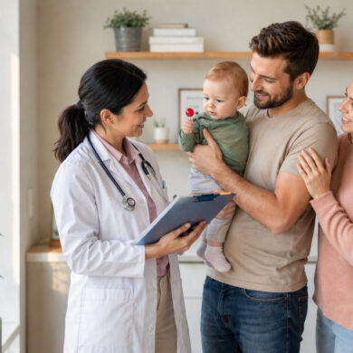 a mom and dad visit the doctor with their baby who is holding a lollypop.