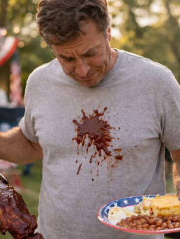 A man in his late 40s at a backyard July Fourth cookout, looking down at a dark red BBQ sauce splatter across the front of a light grey cotton t-shirt with an expression of resigned disbelief. He's holding a rack of ribs with tongs in one hand, the plate still tilted in the other. Behind him a grill is visible with smoke rising, red white and blue decorations