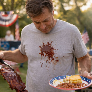 A man in his late 40s at a backyard July Fourth cookout, looking down at a dark red BBQ sauce splatter across the front of a light grey cotton t-shirt with an expression of resigned disbelief. He's holding a rack of ribs with tongs in one hand, the plate still tilted in the other. Behind him a grill is visible with smoke rising, red white and blue decorations