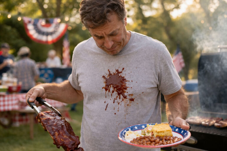 A man in his late 40s at a backyard July Fourth cookout, looking down at a dark red BBQ sauce splatter across the front of a light grey cotton t-shirt with an expression of resigned disbelief. He's holding a rack of ribs with tongs in one hand, the plate still tilted in the other. Behind him a grill is visible with smoke rising, red white and blue decorations