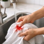 A womans hands in a kitchen sink, applying treatment to a bright red blood stain on a white cotton shirt held under cold running water. Her sleeves are rolled up, one hand holding the shirt under the faucet, the other working the fabric. Cold water is visibly running