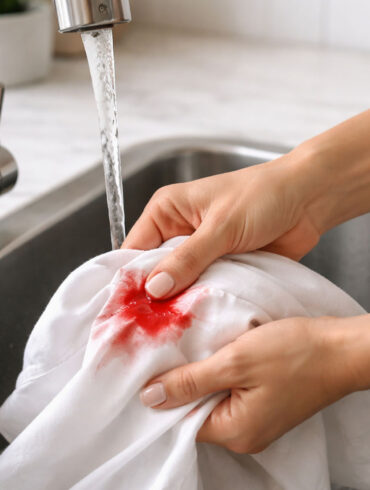A womans hands in a kitchen sink, applying treatment to a bright red blood stain on a white cotton shirt held under cold running water. Her sleeves are rolled up, one hand holding the shirt under the faucet, the other working the fabric. Cold water is visibly running