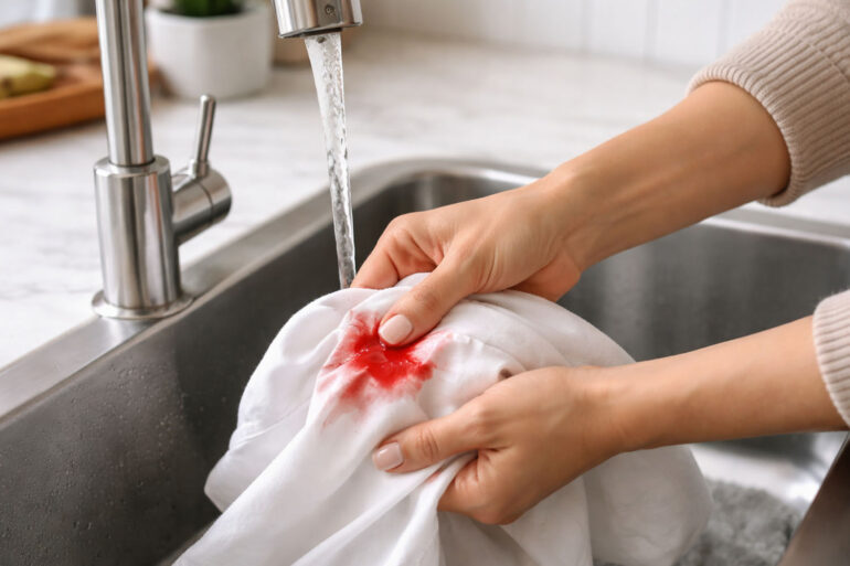 A womans hands in a kitchen sink, applying treatment to a bright red blood stain on a white cotton shirt held under cold running water. Her sleeves are rolled up, one hand holding the shirt under the faucet, the other working the fabric. Cold water is visibly running