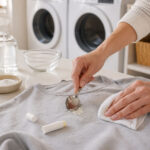 A person treats a waxy lip balm stain on a light gray sweatshirt in a bright laundry room, using a spoon and white cloth while an open unbranded lip balm tube and simple cleaning supplies rest nearby on a white countertop.