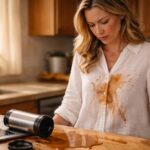 A woman in her late 30s at a kitchen counter, looking down with mild exasperation at a large brown coffee splatter across the front of a white linen blouse. A toppled travel mug sits next to a laptop on the counter, coffee pooled around it