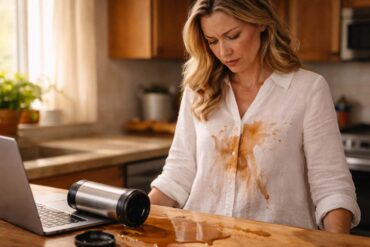 A woman in her late 30s at a kitchen counter, looking down with mild exasperation at a large brown coffee splatter across the front of a white linen blouse. A toppled travel mug sits next to a laptop on the counter, coffee pooled around it