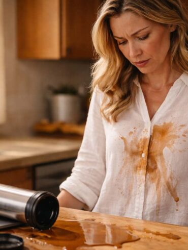 A woman in her late 30s at a kitchen counter, looking down with mild exasperation at a large brown coffee splatter across the front of a white linen blouse. A toppled travel mug sits next to a laptop on the counter, coffee pooled around it