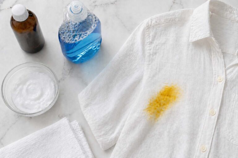 flat lay on a white marble countertop showing a glass bowl with baking soda paste, a small bottle of hydrogen peroxide, a bottle of dish soap, a clean white cloth folded neatly, and a white linen shirt with a turmeric curry stain visible