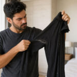 A manstanding in a well-lit bedroom holding a black dress shirt up to the light, examining a visible white chalky streak across the armpit area. Expression is focused and slightly frustrated. Clean, minimal bedroom in the background