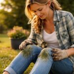 a woman gardening at sunset with grass stains on her knees