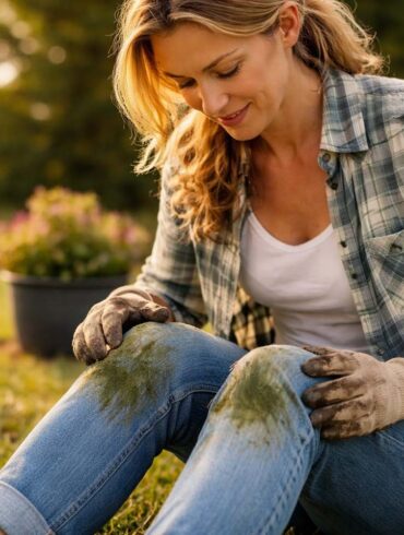 a woman gardening at sunset with grass stains on her knees